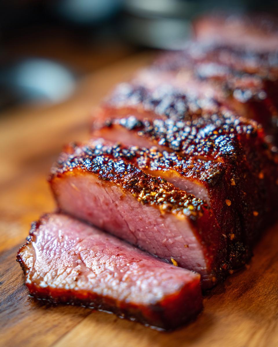 Nahaufnahme von saftigem Rindergeschnetzeltem Zürcher Art auf einem Holzbrett, perfekt angebraten.