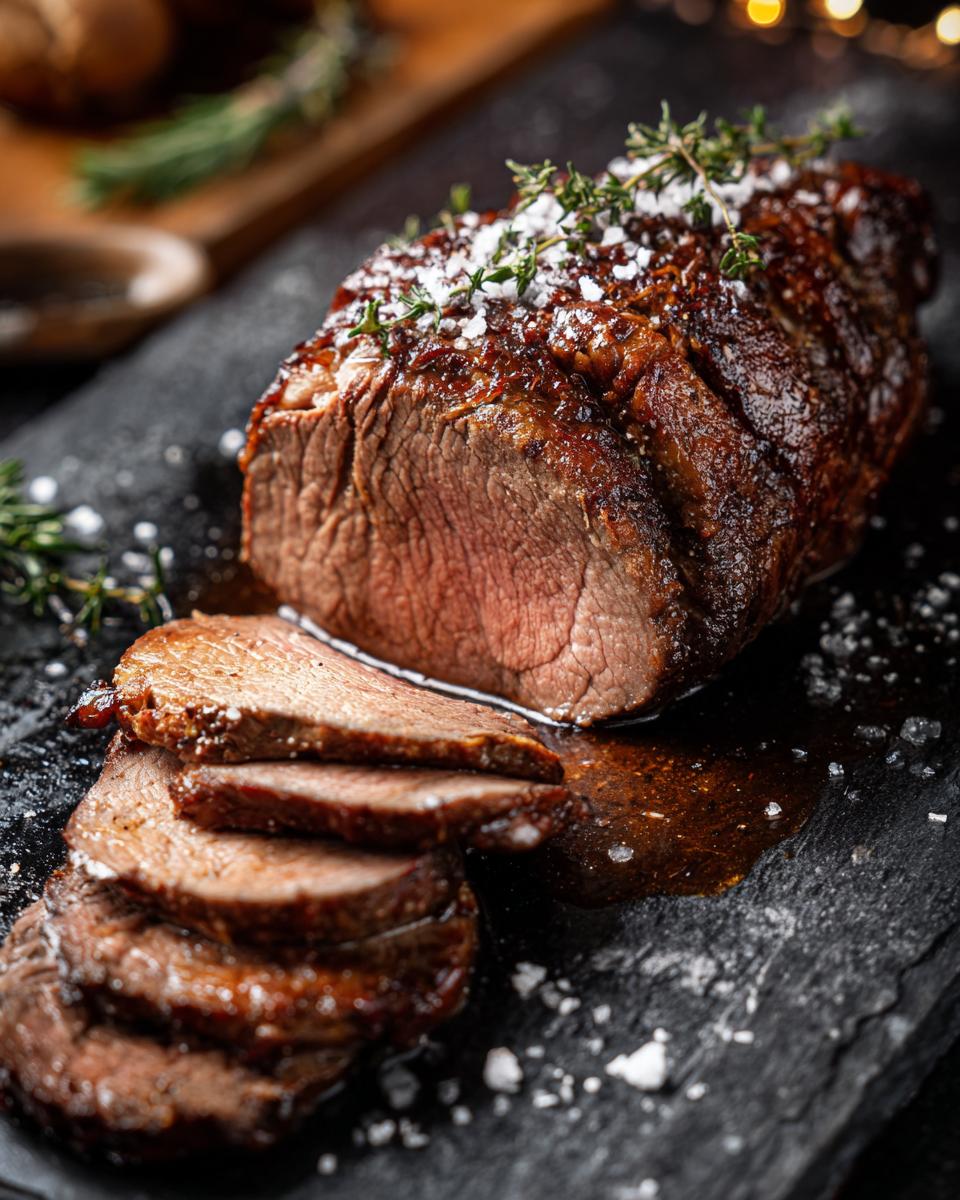 Ein zartes Stück Rindergeschnetzeltes Zürcher Art, aufgeschnitten und mit Kräutern und grobem Salz bestreut.