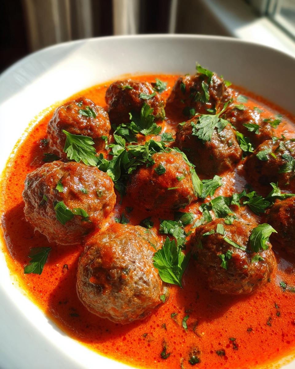 Saftige Rinderhack-Bällchen in cremiger Tomatenrahm-Sauce, garniert mit frischer Petersilie.