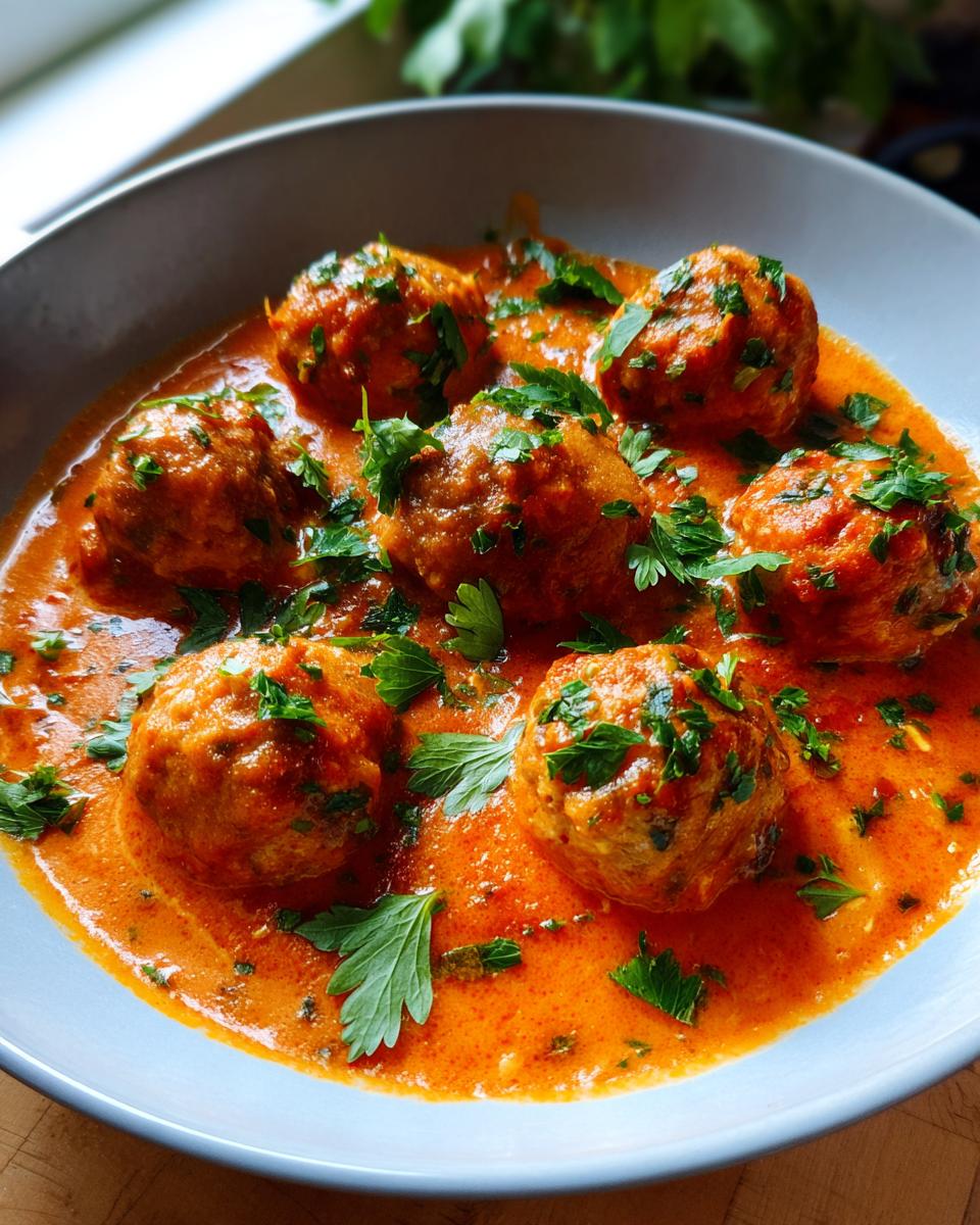 Nahaufnahme von Rinderhack-Bällchen in einer cremigen Tomatenrahmsoße, garniert mit frischer Petersilie.