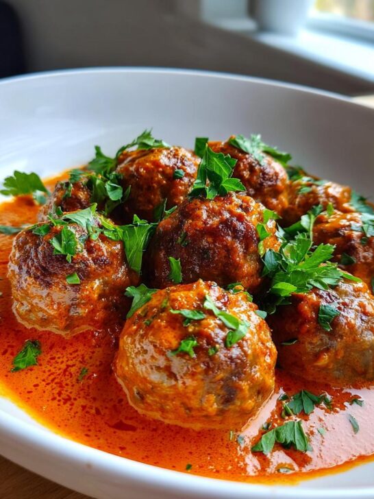 Nahaufnahme von saftigen Rinderhack-Bällchen in einer cremigen Tomatenrahmsoße, garniert mit frischer Petersilie.