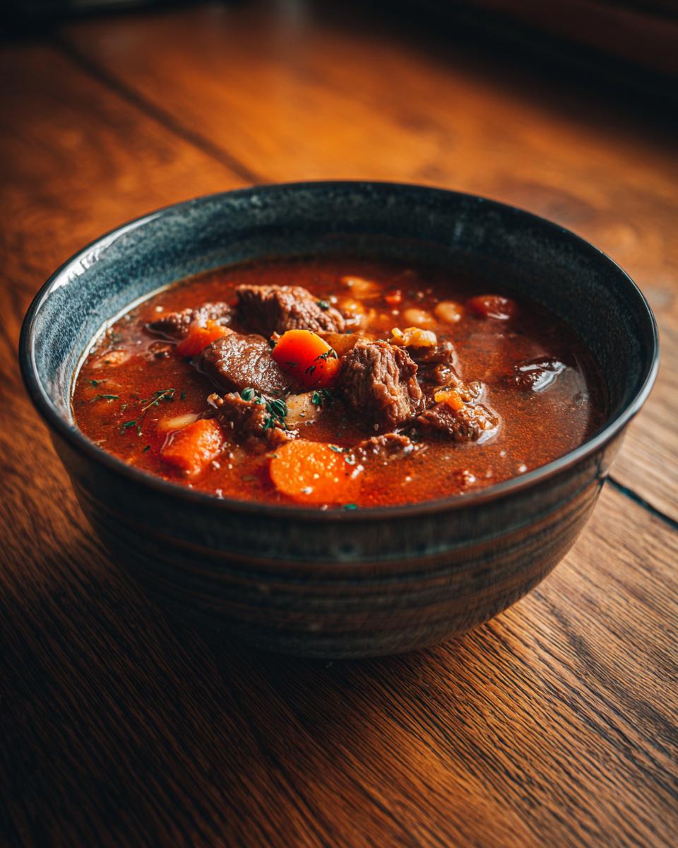 Eine Schüssel mit herzhafter Rindfleisch-Gemüsesuppe, reichlich gefüllt mit zarten Rindfleischstücken, Karotten und Bohnen.