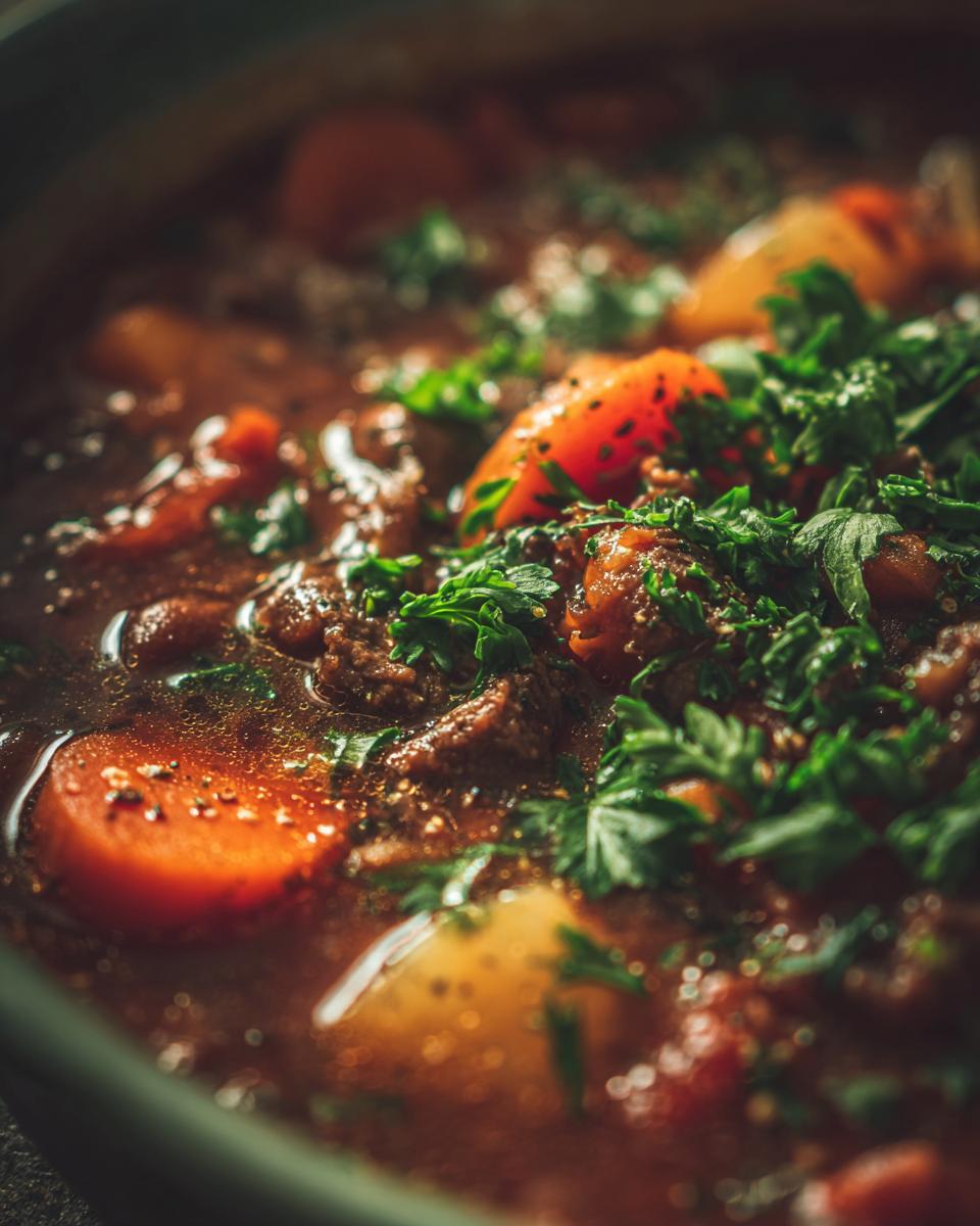 Nahaufnahme einer dampfenden Rindfleisch-Gemüsesuppe mit Bohnen und Karotten, garniert mit frischer Petersilie.