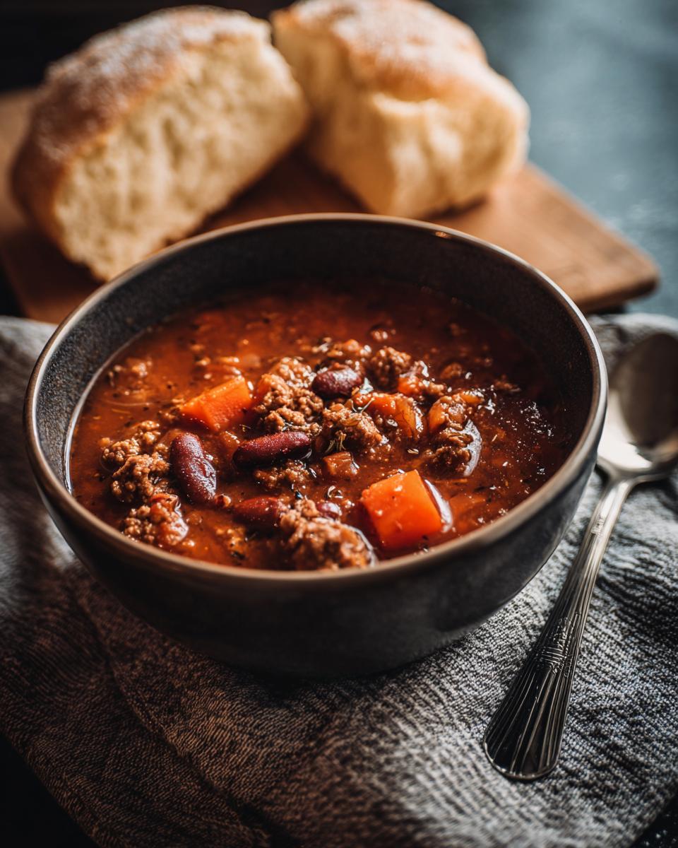Eine Schüssel dampfender Rindfleisch-Gemüsesuppe mit Bohnen und Karotten, serviert mit frischem Brot.