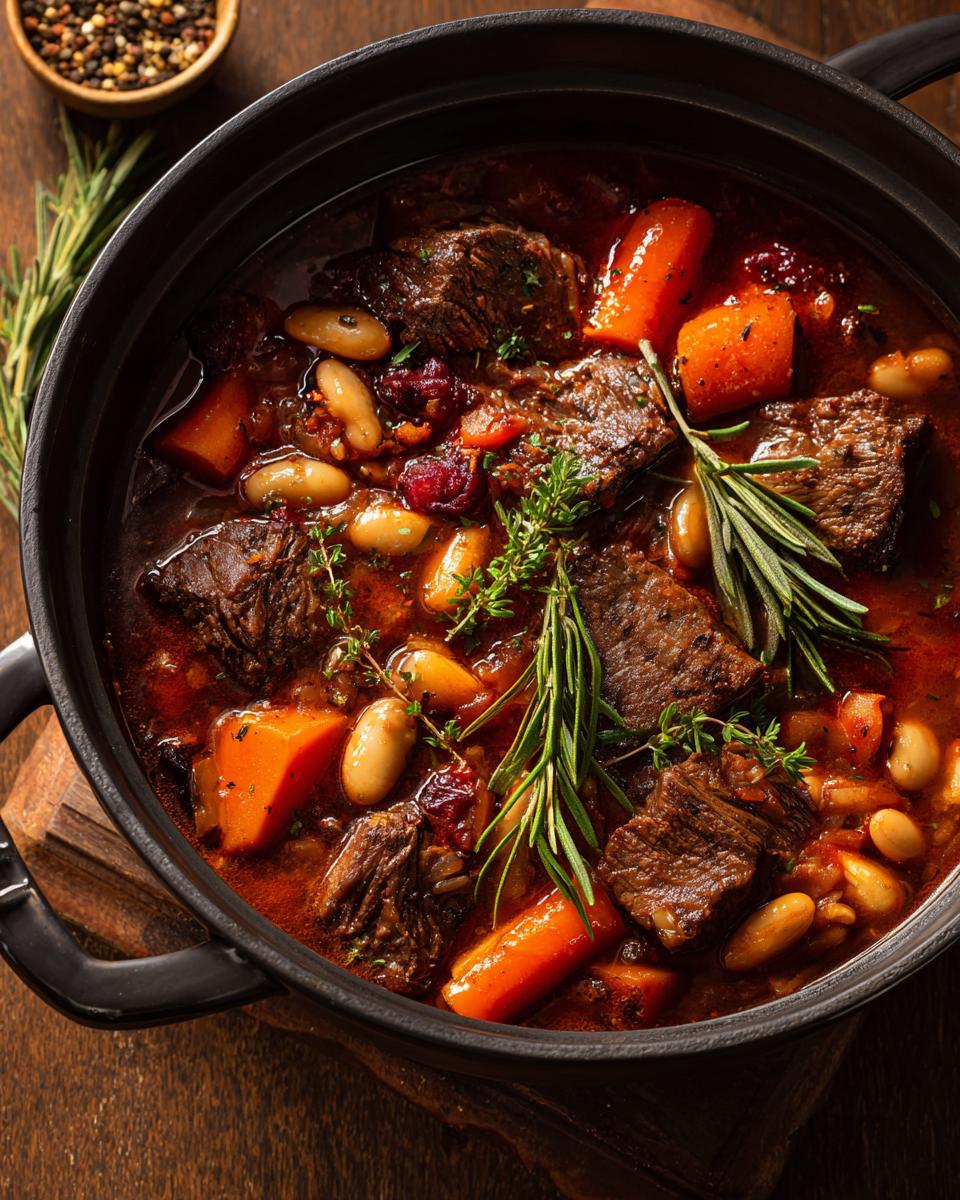 Eine dampfende Rindfleisch-Gemüsesuppe mit zarten Rindfleischstücken, weißen Bohnen und Karotten, garniert mit Rosmarin.