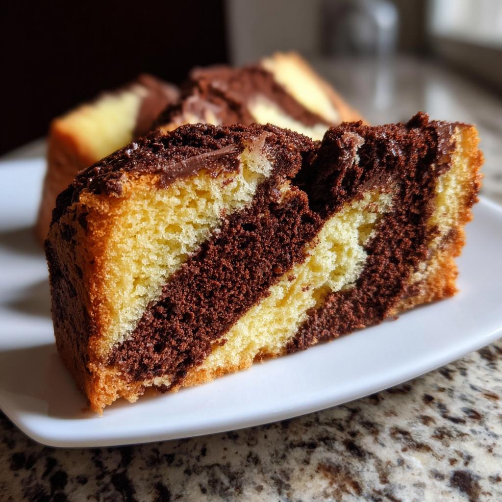 Ein Stück Russischer Zupfkuchen mit saftigem Marmorteig aus hellem und dunklem Schokoladenteig.
