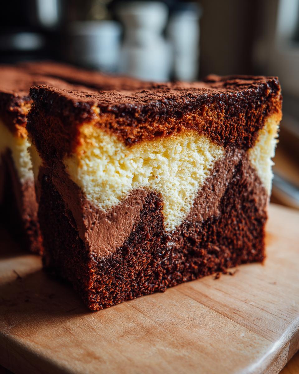 Nahaufnahme eines Stücks Russischer Zupfkuchen mit Schokoladen- und Käsemasse, bestäubt mit Kakao.