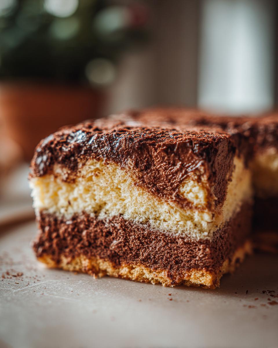 Nahaufnahme eines Stücks Russischer Zupfkuchen mit hellem Teig, Schokoladenfüllung und Kakaopulver.