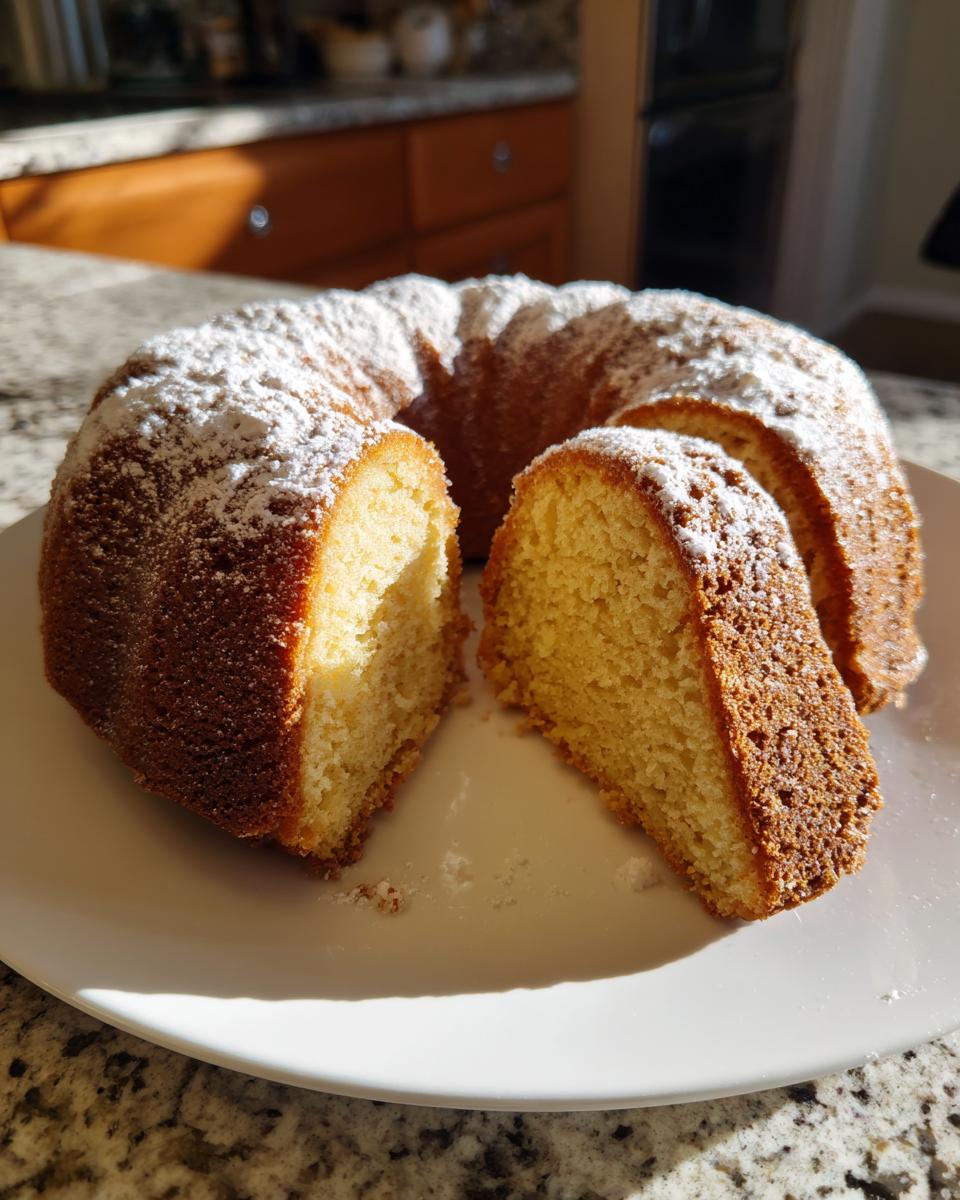 Ein Anschnitt von saftigem Eierlikörkuchen mit Puderzucker bestäubt, auf einem weißen Teller.