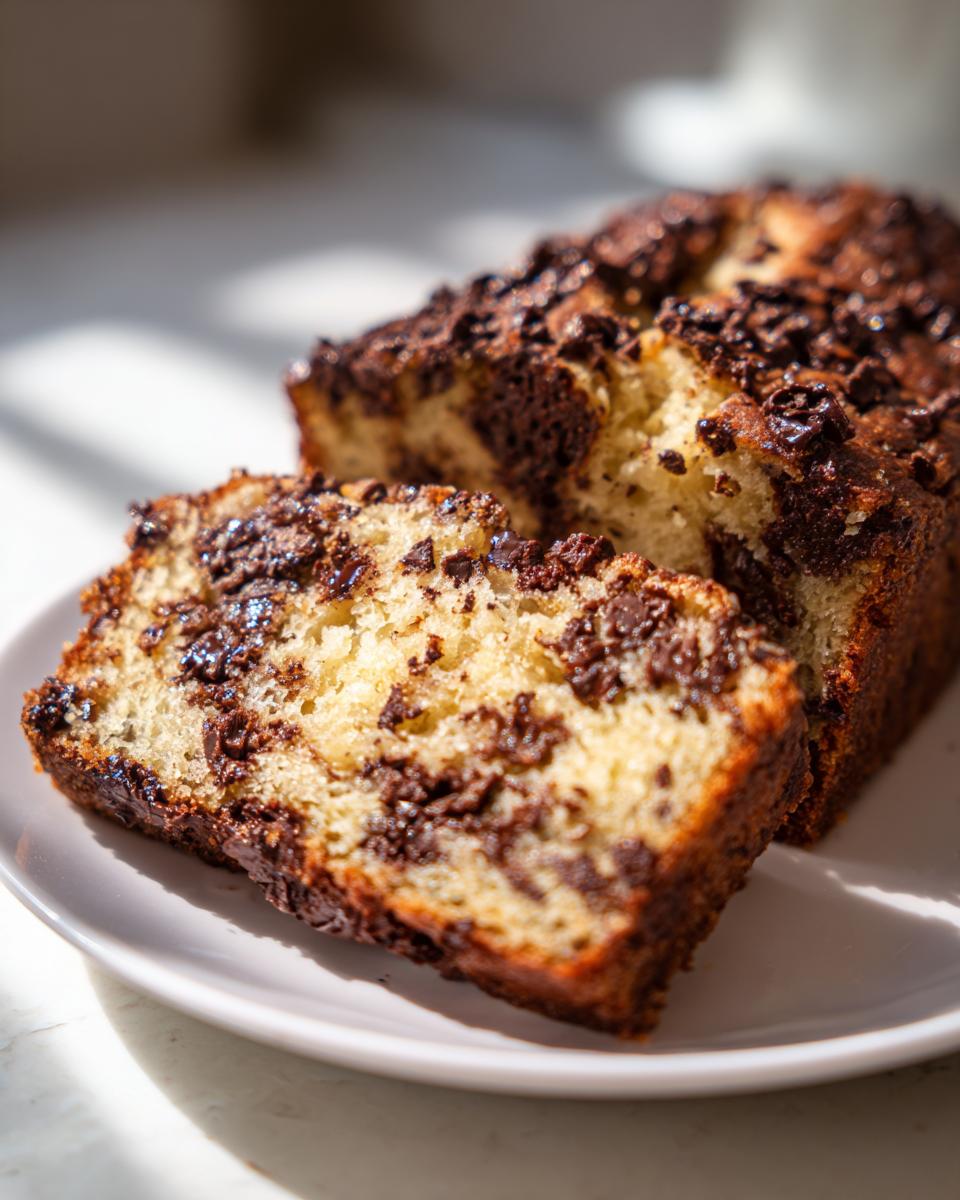 Nahaufnahme eines saftigen Schoko-Bananen-Kuchens mit vielen Schokostückchen, auf einem Teller serviert.