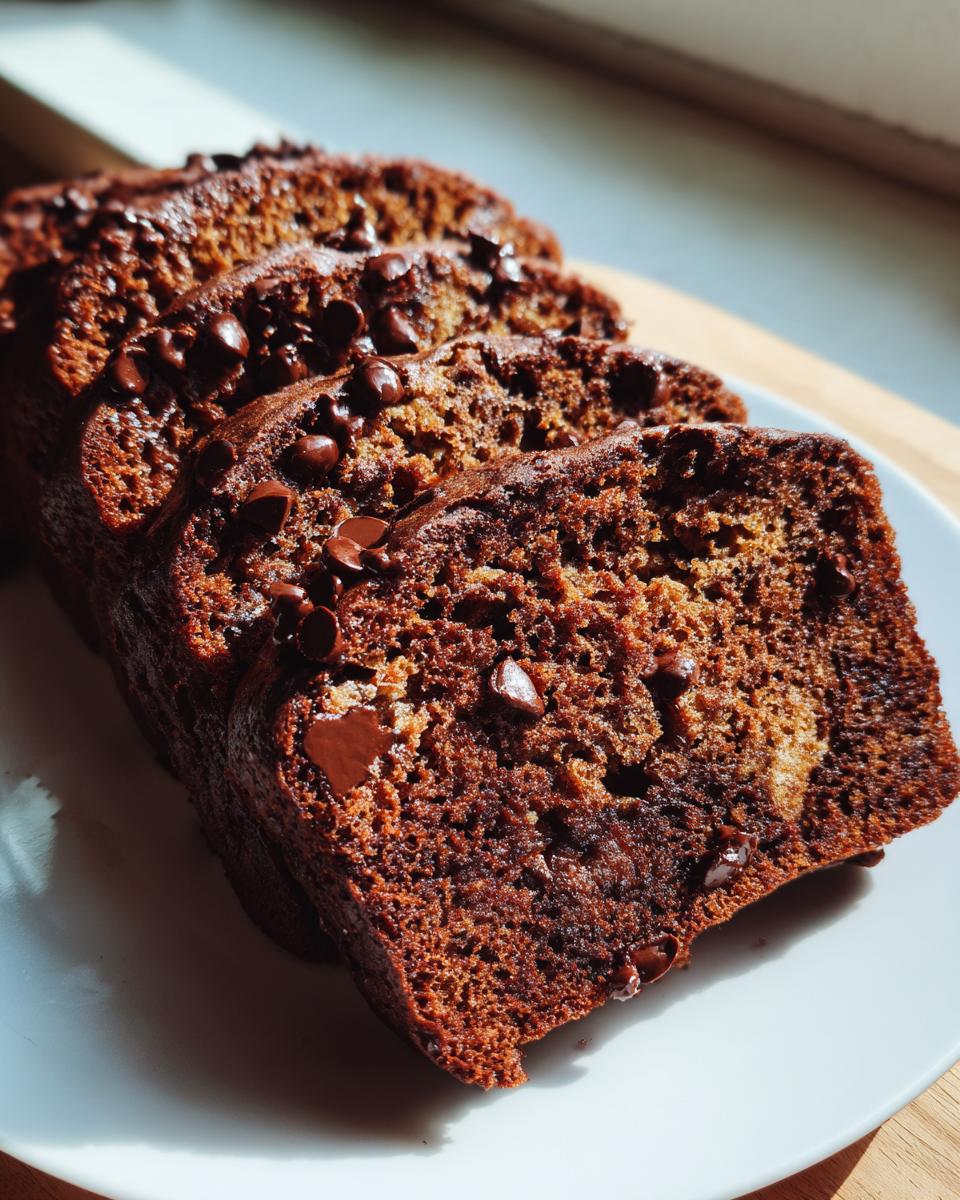 Aufgeschnittener Schoko-Bananen-Kuchen mit vielen Schokostückchen auf einem Teller.