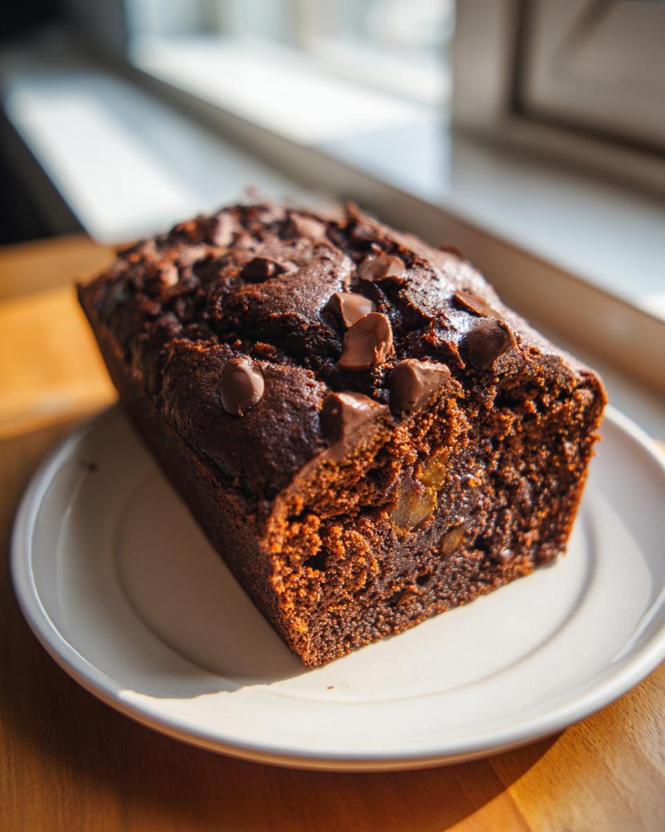 Ein saftiger Schoko-Bananen-Kuchen auf einem Teller, garniert mit Schokostückchen und Bananenstücken im Inneren.