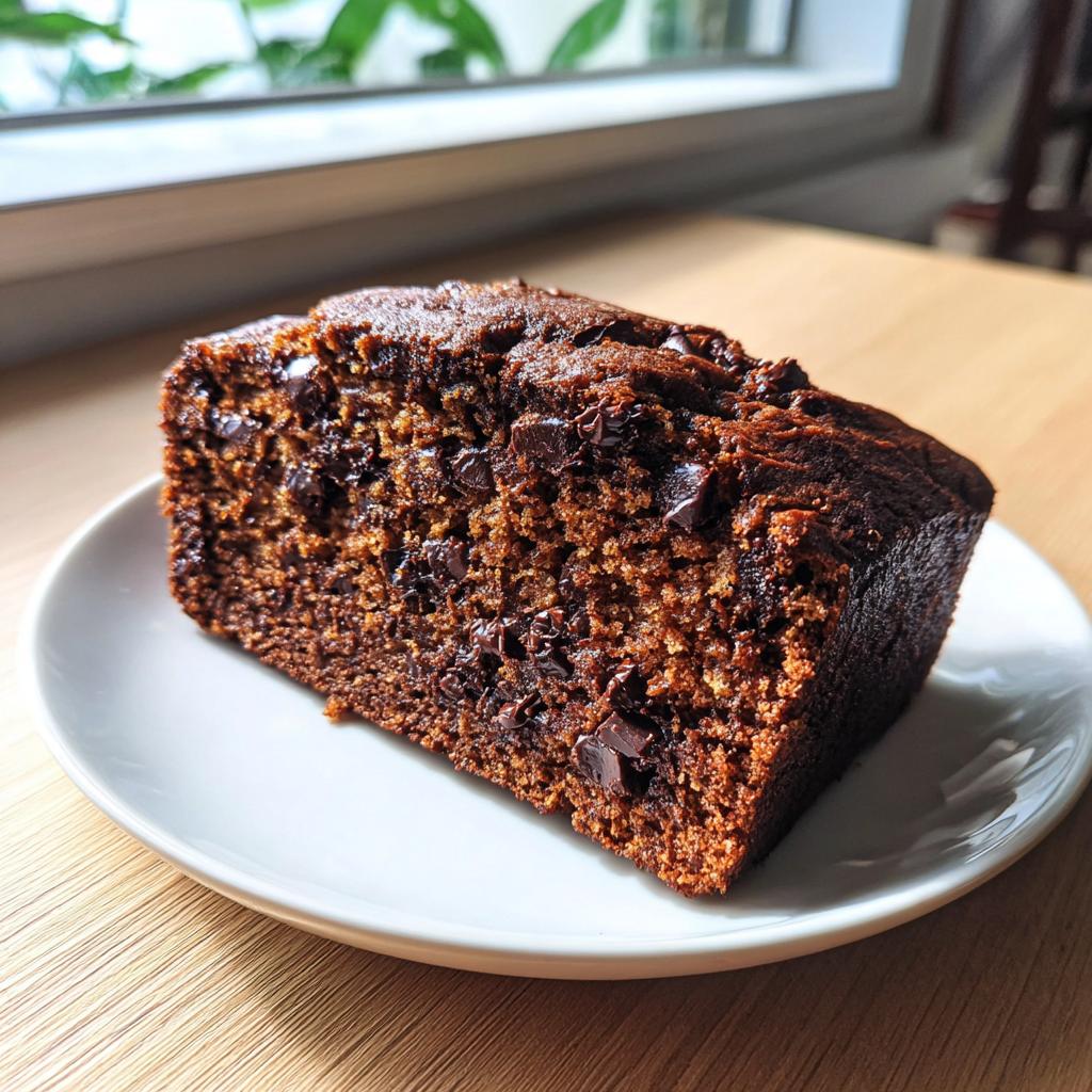 Ein saftiges Stück Schoko-Bananen-Kuchen mit vielen Schokoladenstückchen auf einem weißen Teller.