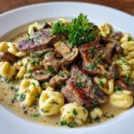 Nahaufnahme von Sahnegeschnetzeltes mit Spätzle und Champignons, garniert mit Petersilie.
