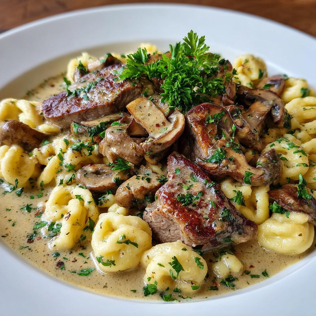 Nahaufnahme von Sahnegeschnetzeltes mit Spätzle und Champignons, garniert mit Petersilie.