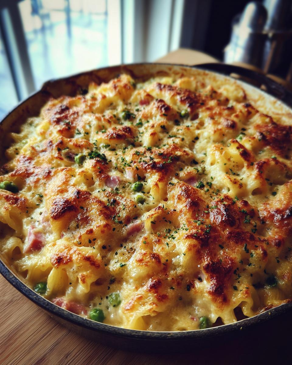 Nahaufnahme eines goldbraunen Schinken-Sahne-Auflaufs mit Erbsen und Käse, frisch aus dem Ofen.