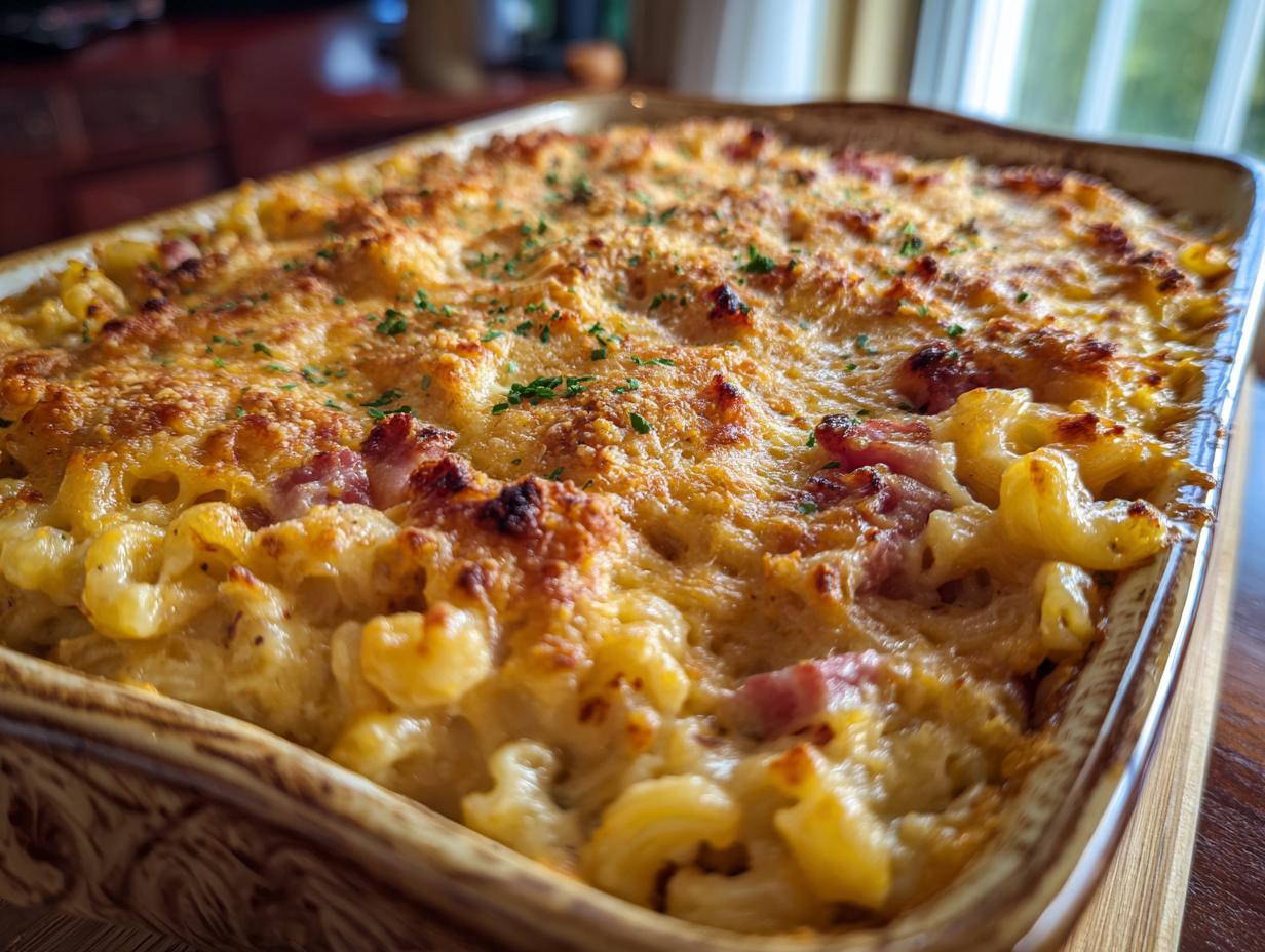 Blitz-Auflauf: Schinken-Sahne-Auflauf mit Erbsen & Käse