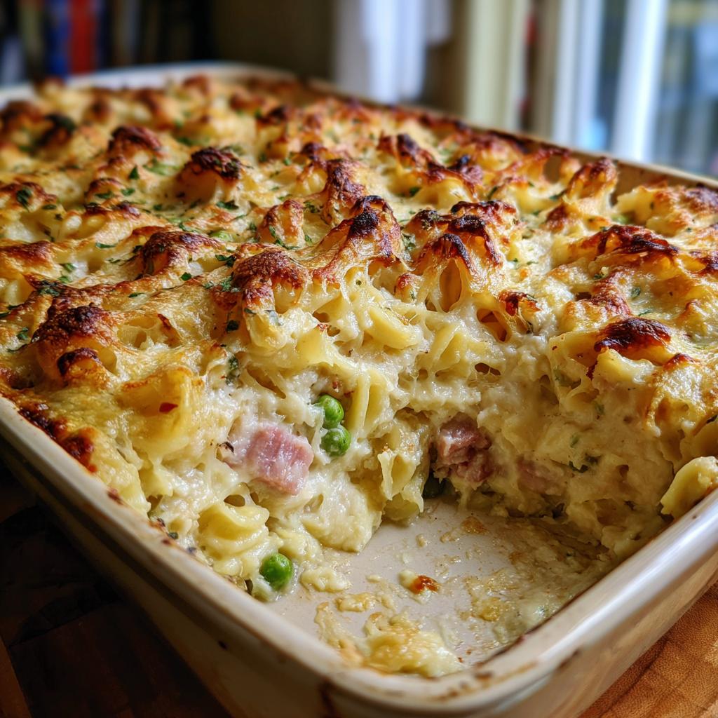 Nahaufnahme eines goldbraun überbackenen Schinken-Sahne-Auflaufs mit Erbsen und Käse, aus dem gerade eine Portion entnommen wurde.