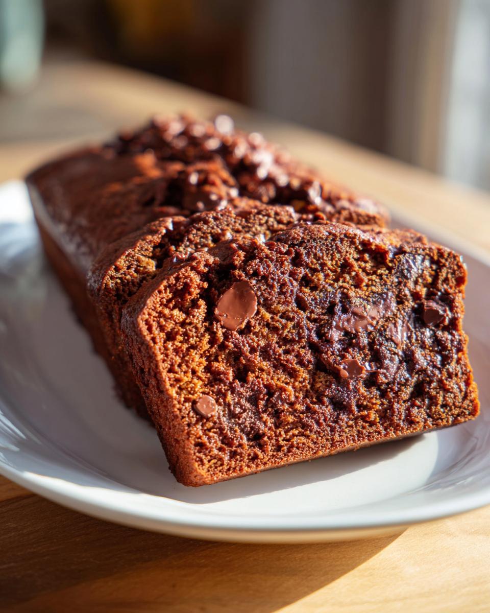 Nahaufnahme eines saftigen Schoko-Bananen-Kuchens mit vielen Schokostückchen, auf einem Teller.