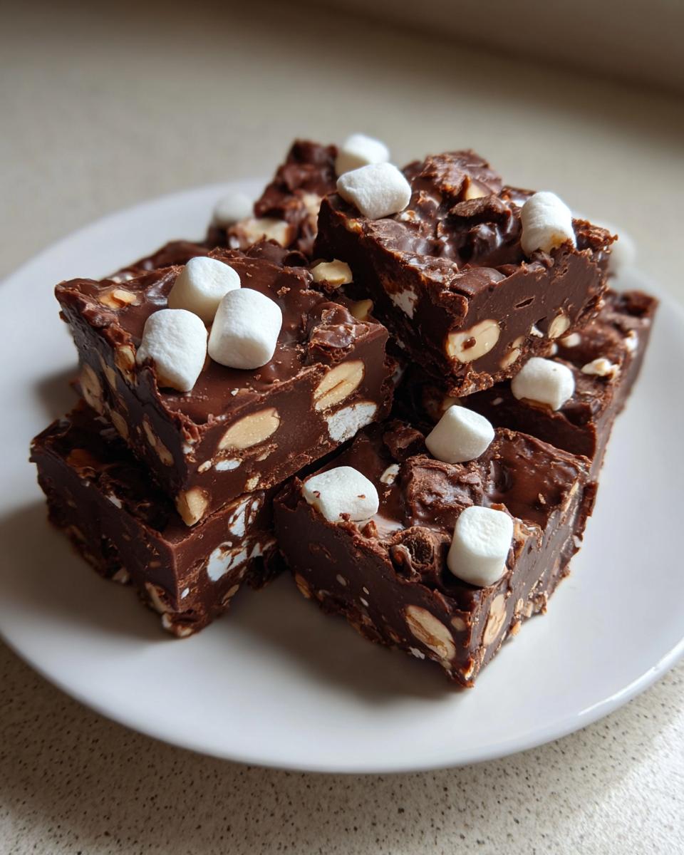 Nahaufnahme von schokoladigem Rocky Road Fudge mit Marshmallows und Nüssen auf einem Teller.