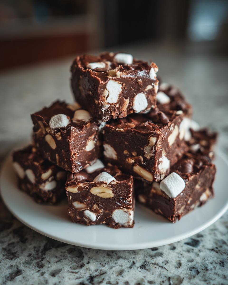 Nahaufnahme von gestapeltem Schokoladiger Rocky Road Fudge mit Marshmallows und Nüssen.