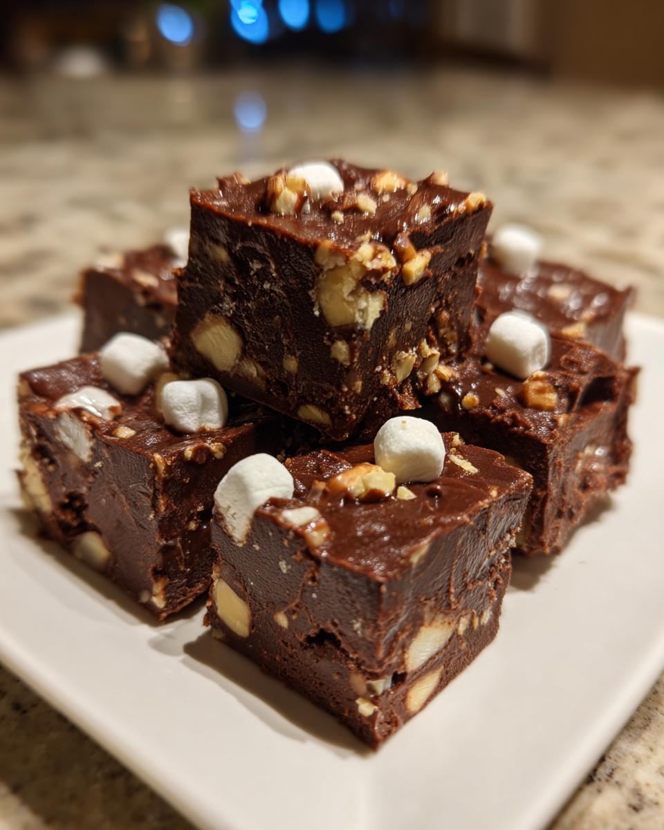 Nahaufnahme von schokoladigem Rocky Road Fudge mit Marshmallows und Nüssen, perfekt für süße Glücksmomente.