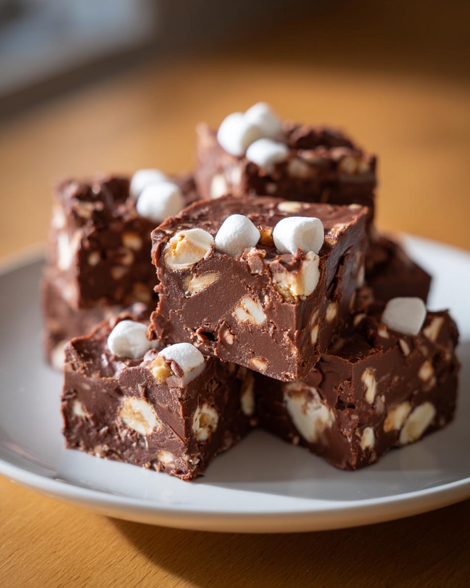 Nahaufnahme von schokoladigem Rocky Road Fudge mit Marshmallows und Nüssen auf einem Teller.