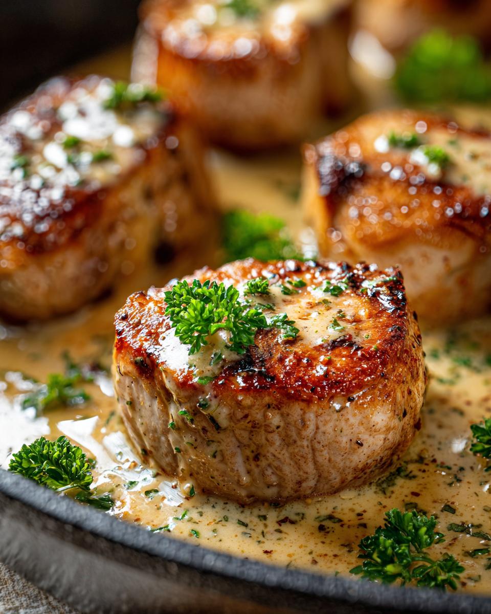 Nahaufnahme von saftigem Schweinefilet in einer cremigen Honig-Senf-Sauce, garniert mit frischer Petersilie.