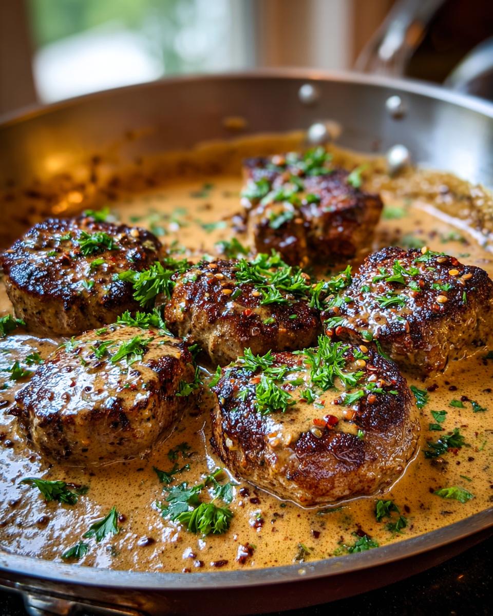 Saftige Medaillons vom Schweinefilet in cremiger Pfefferrahmsauce, garniert mit Petersilie.