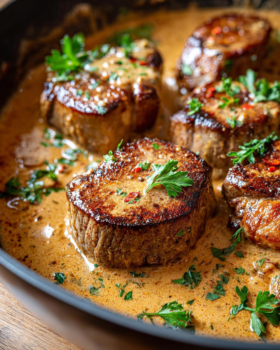 Nahaufnahme von saftigem Schweinefilet in cremiger Pfefferrahmsauce, garniert mit frischer Petersilie.