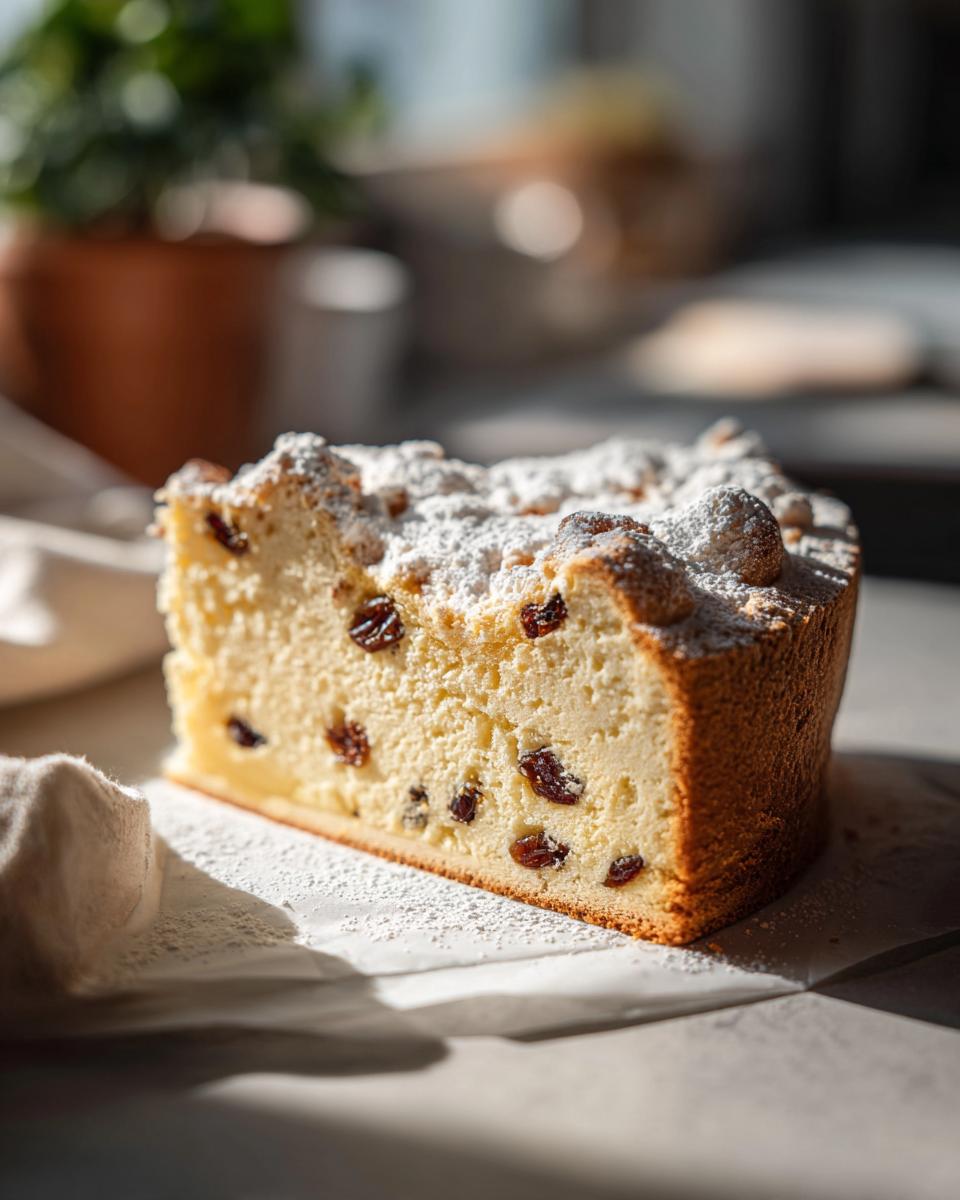 Ein Stück Sernik – Polnischer Käsekuchen mit Rosinen, bestäubt mit Puderzucker.