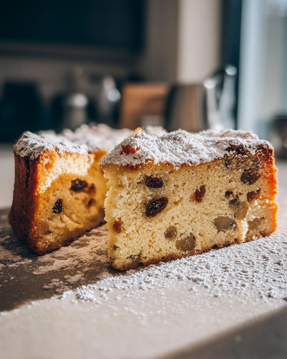 Zwei saftige Stücke Sernik – Polnischer Käsekuchen mit Rosinen und Puderzucker bestäubt.