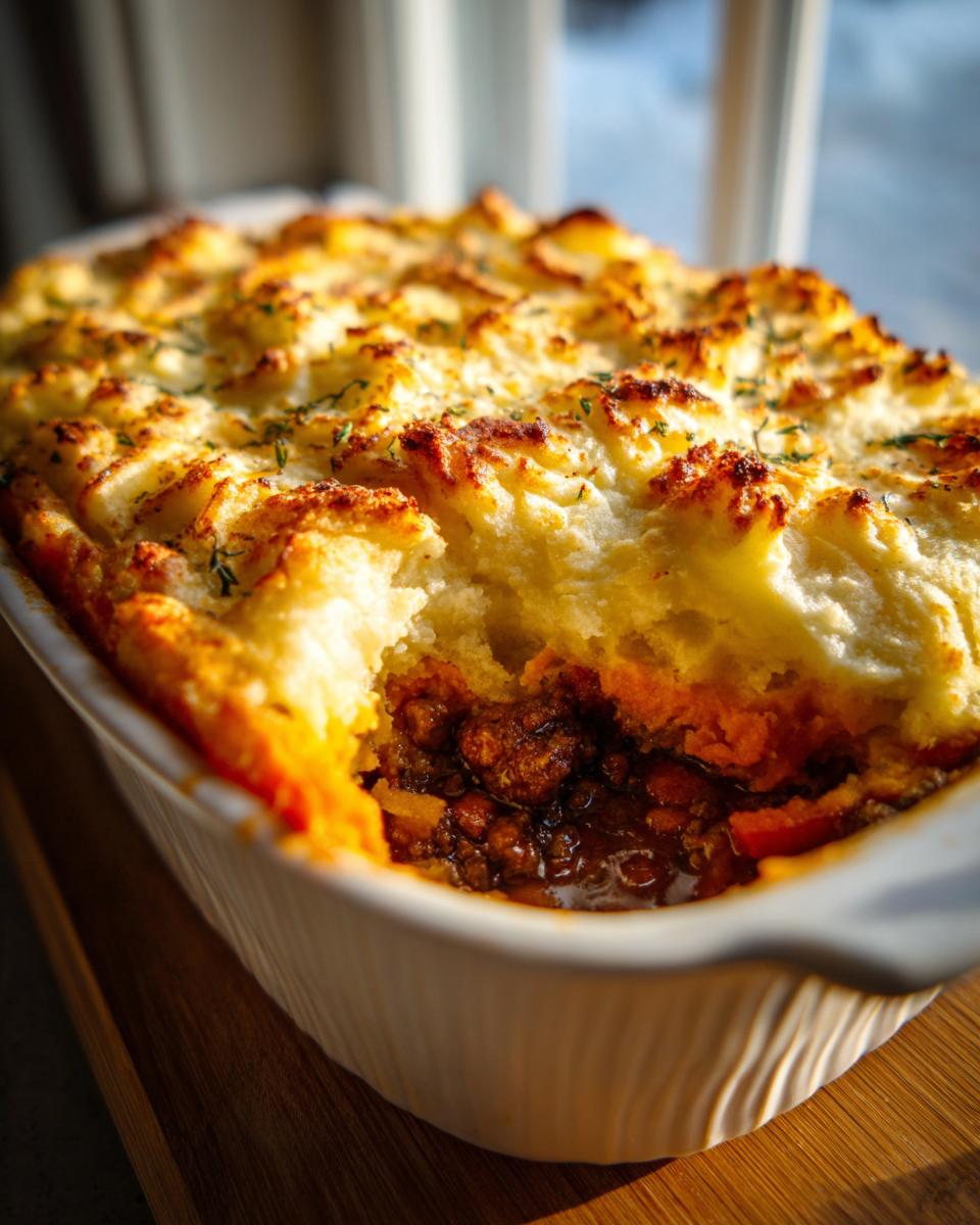 Nahaufnahme eines frisch gebackenen Shepherd’s Pie mit Süßkartoffeln, goldbraun überbacken und appetitlich duftend.