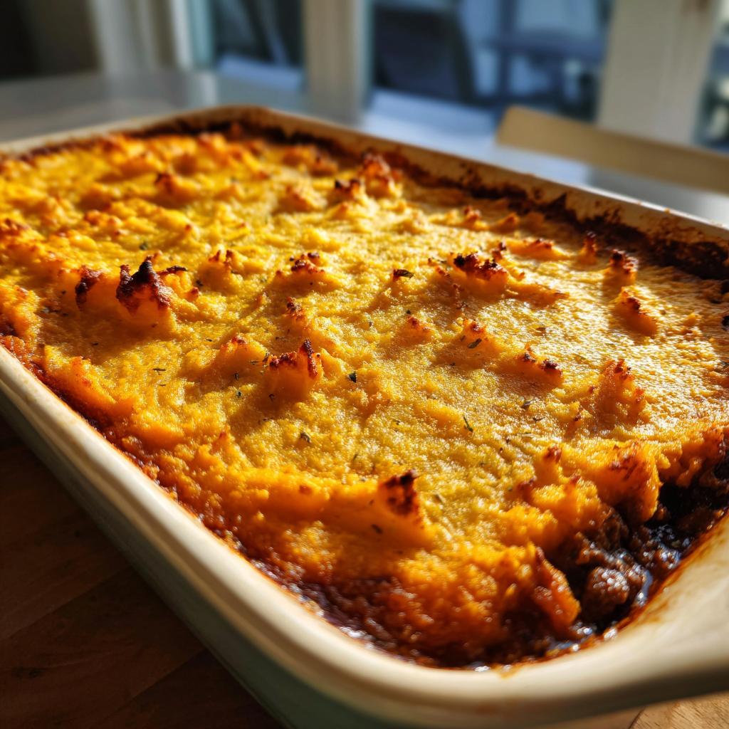 Ein frisch gebackener Shepherd’s Pie mit Süßkartoffeln-Decke, goldbraun und knusprig aus dem Ofen.