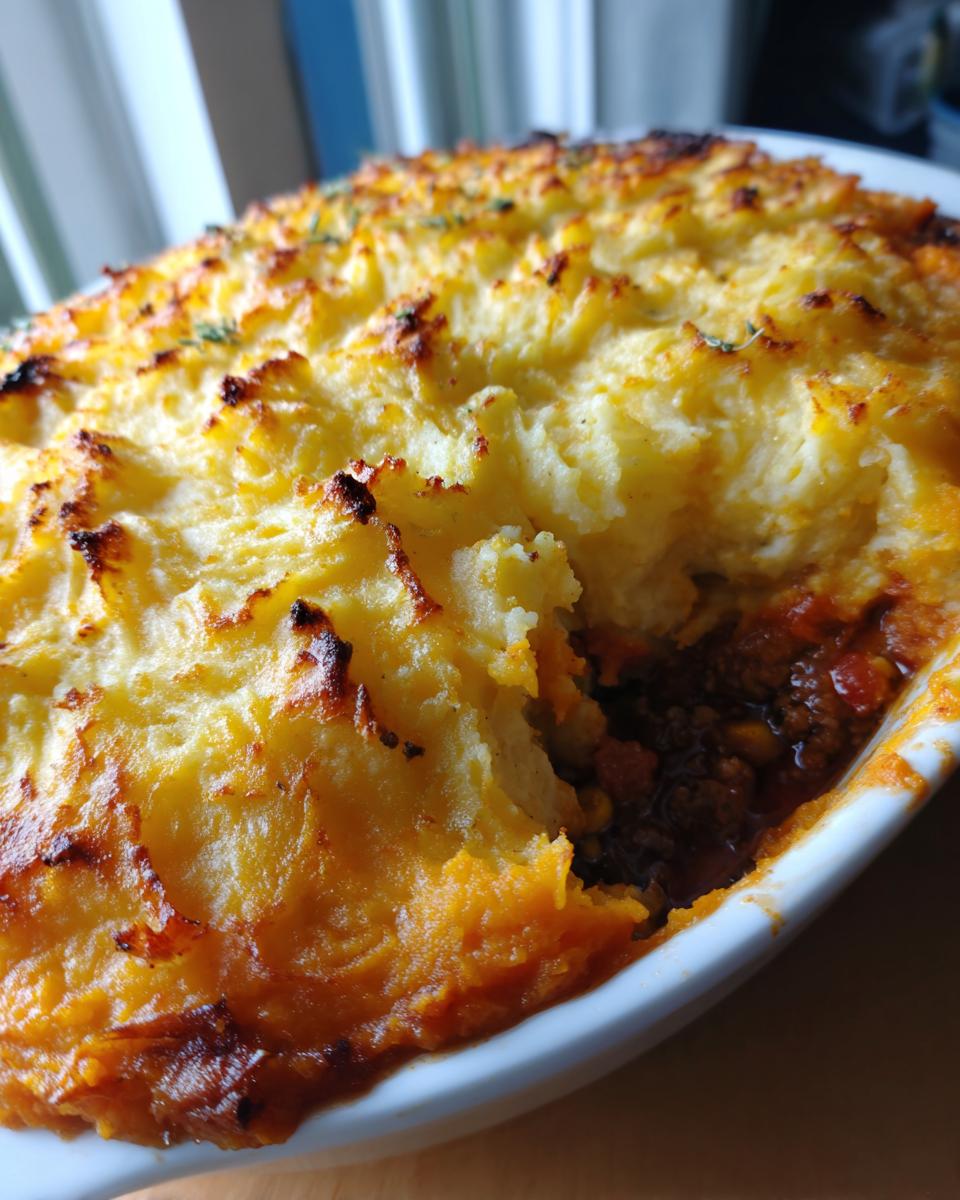 Nahaufnahme eines frisch gebackenen Shepherd’s Pie mit Süßkartoffeln, eine Portion ist entnommen.
