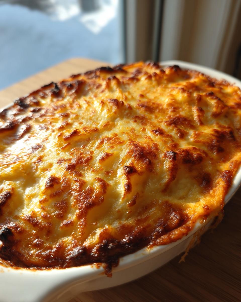 Nahaufnahme eines frisch gebackenen Shepherd’s Pie mit Süßkartoffeln und goldbrauner Käsekruste.