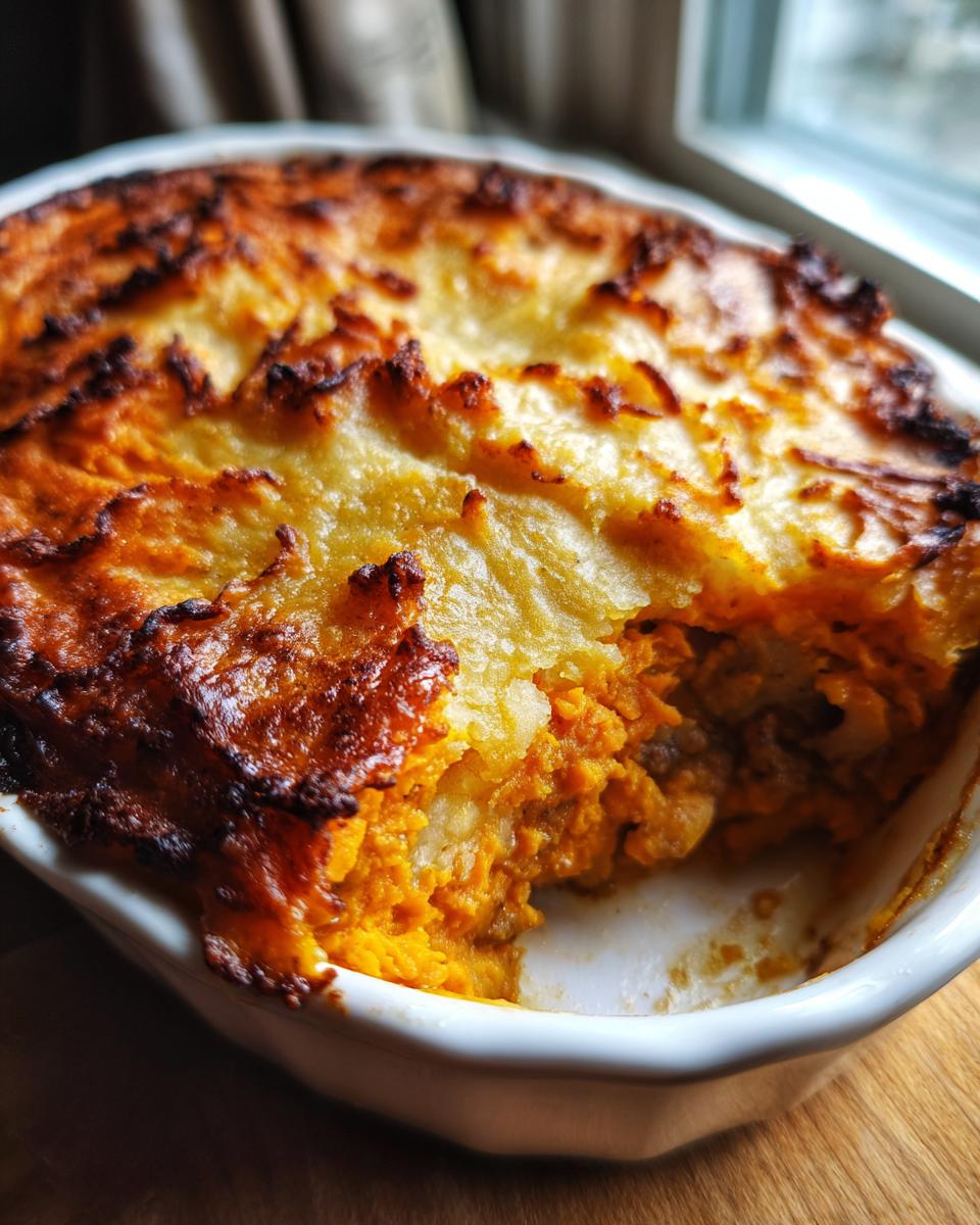 Nahaufnahme eines frisch gebackenen Shepherd’s Pie mit Süßkartoffeln, goldbraun überbacken.