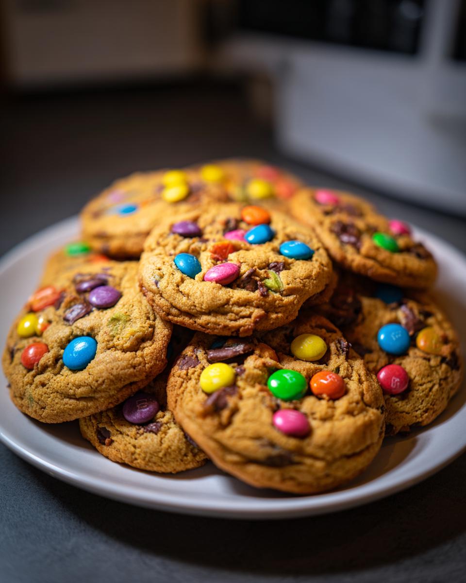 Ein Haufen frisch gebackener Smarties Cookies mit bunten Smarties und Schokoladenstückchen.