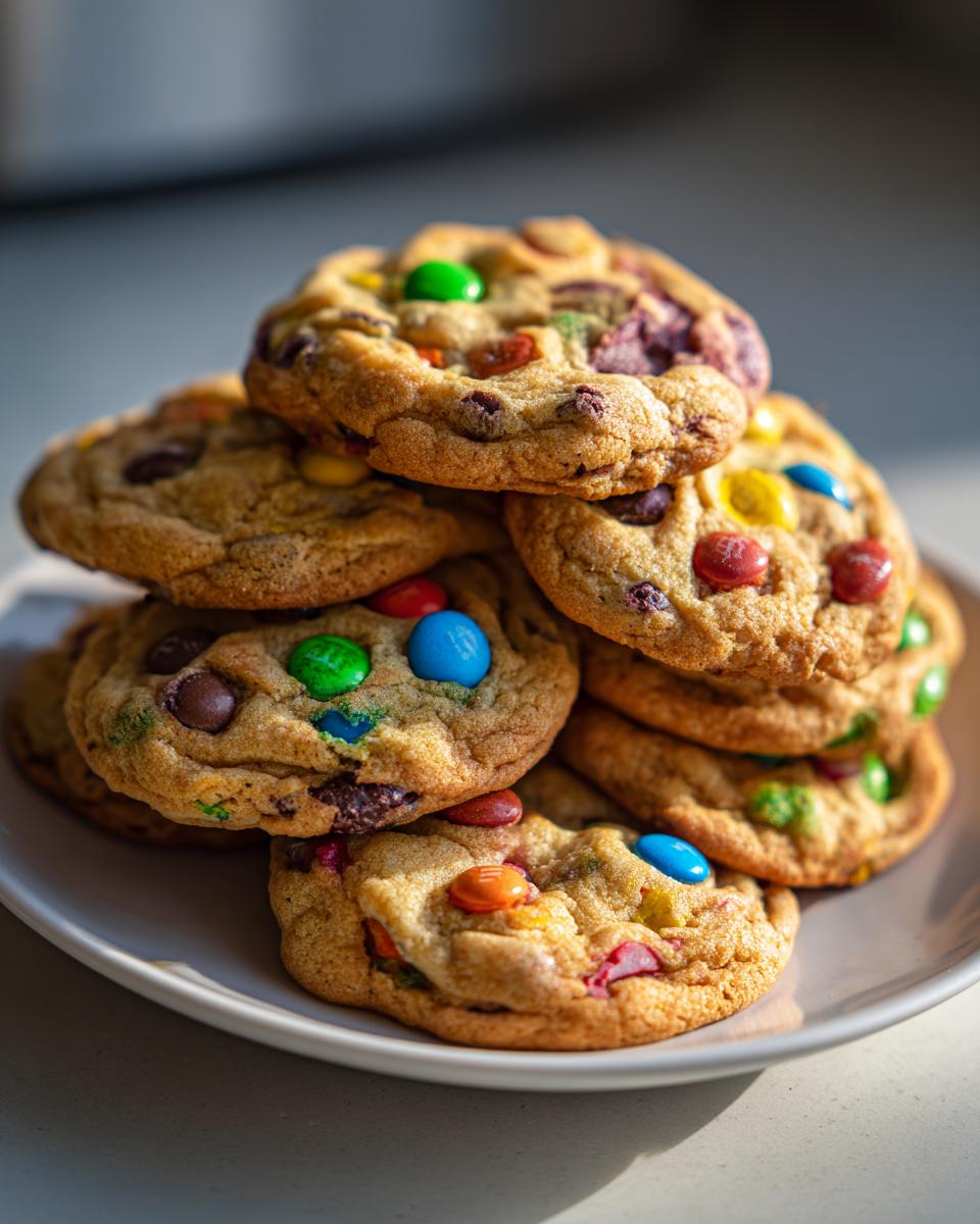 Ein Haufen frisch gebackener Smarties Cookies, übereinander gestapelt auf einem Teller, mit bunten Smarties und Schokoladenstückchen.