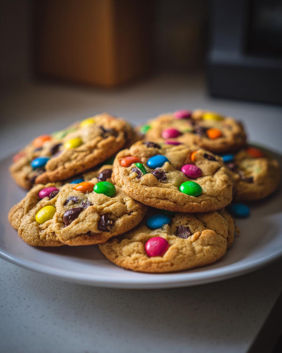 Nahaufnahme von frisch gebackenen Smarties Cookies mit bunten Smarties und Schokostückchen auf einem weißen Teller.