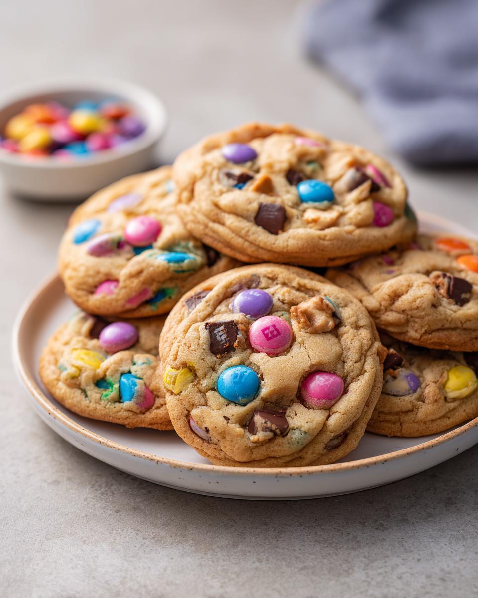 Ein Stapel saftiger Smarties Cookies mit bunten Smarties und Schokostückchen auf einem Teller.