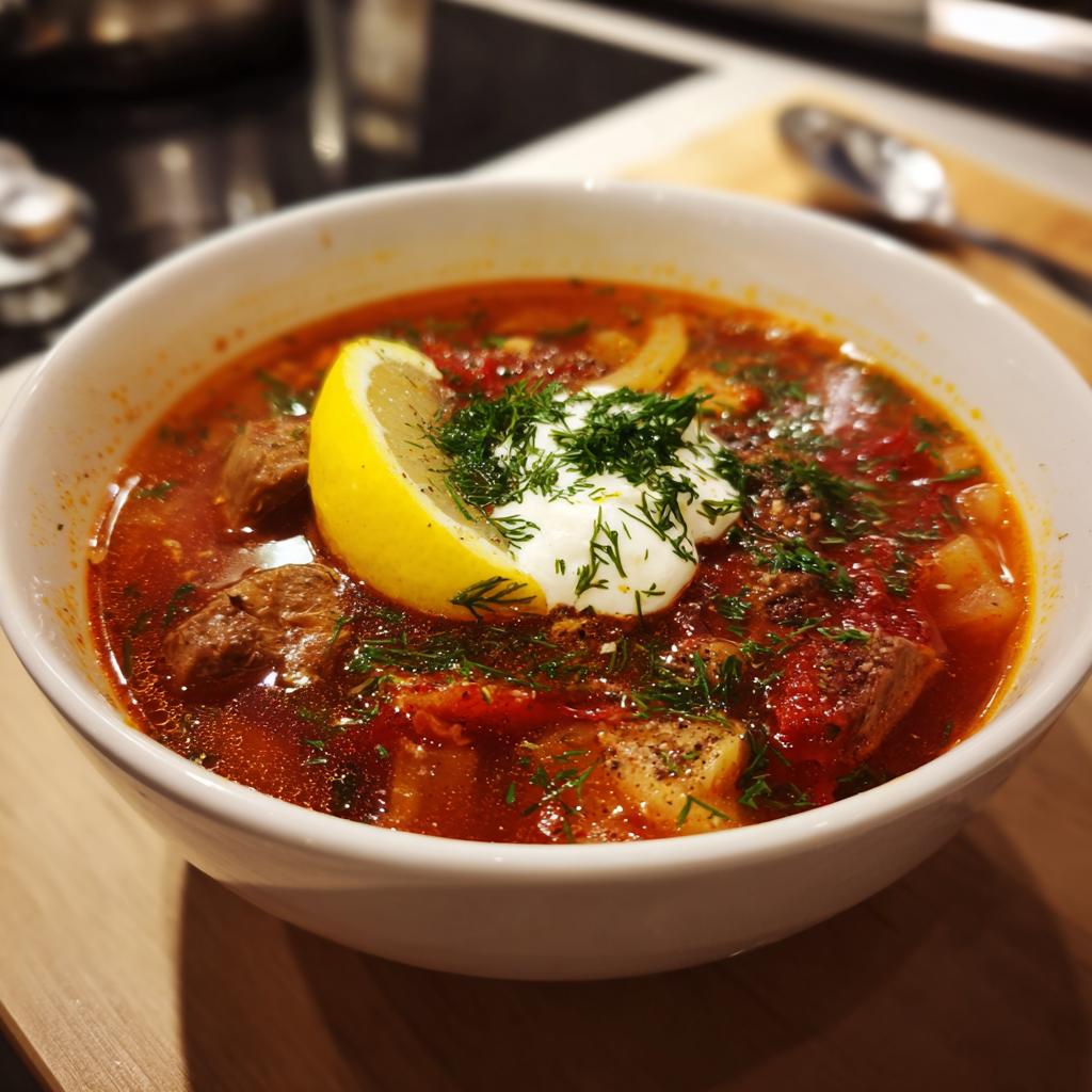 Eine dampfende Schüssel Solyanka, eine russische saure Suppe mit Fleisch, Zitrone und einem Klecks saurer Sahne.