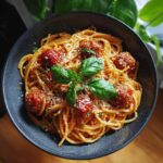 Eine Schüssel Spaghetti mit cremiger Tomaten-Frischkäse-Sauce, garniert mit Fleischbällchen und frischem Basilikum.