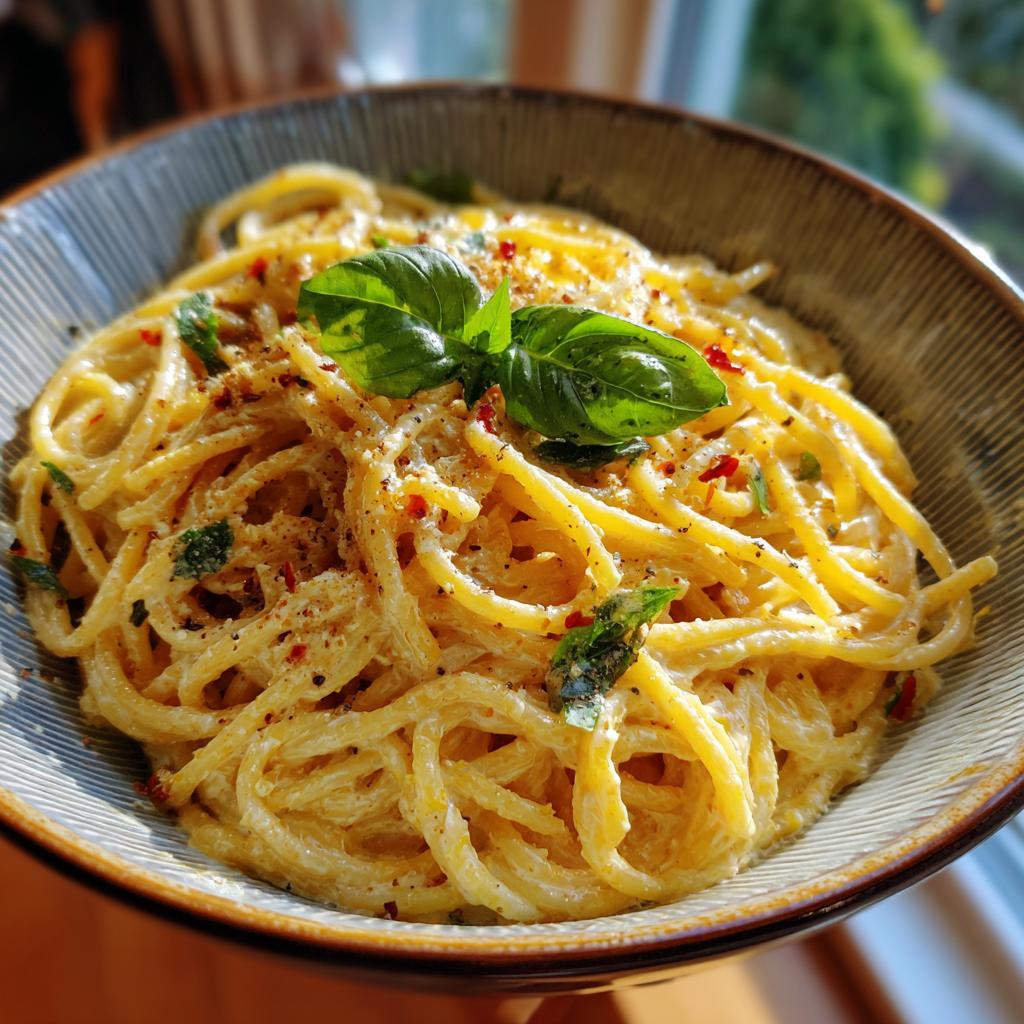 Eine Schüssel Spaghetti mit cremiger Zitronen-Ricotta-Sauce, garniert mit Basilikum und Chiliflocken.