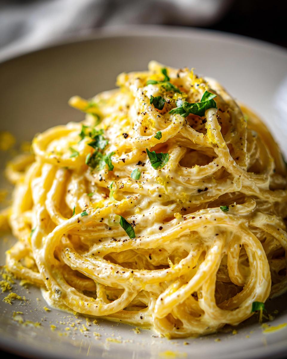 Nahaufnahme von Spaghetti mit cremiger Zitronen-Ricotta-Sauce, garniert mit Petersilie und Zitronenschale.