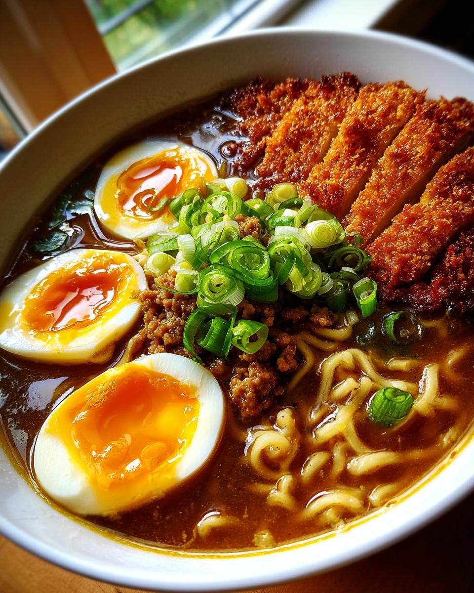 Nahaufnahme einer Schüssel Tonkatsu-Ramen mit Hackfleisch, weich gekochten Eiern und Frühlingszwiebeln.