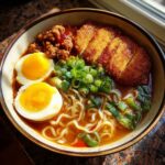 Schüssel mit Tonkatsu-Ramen, Hackfleisch, perfekt gekochtem Ei und Frühlingszwiebeln.