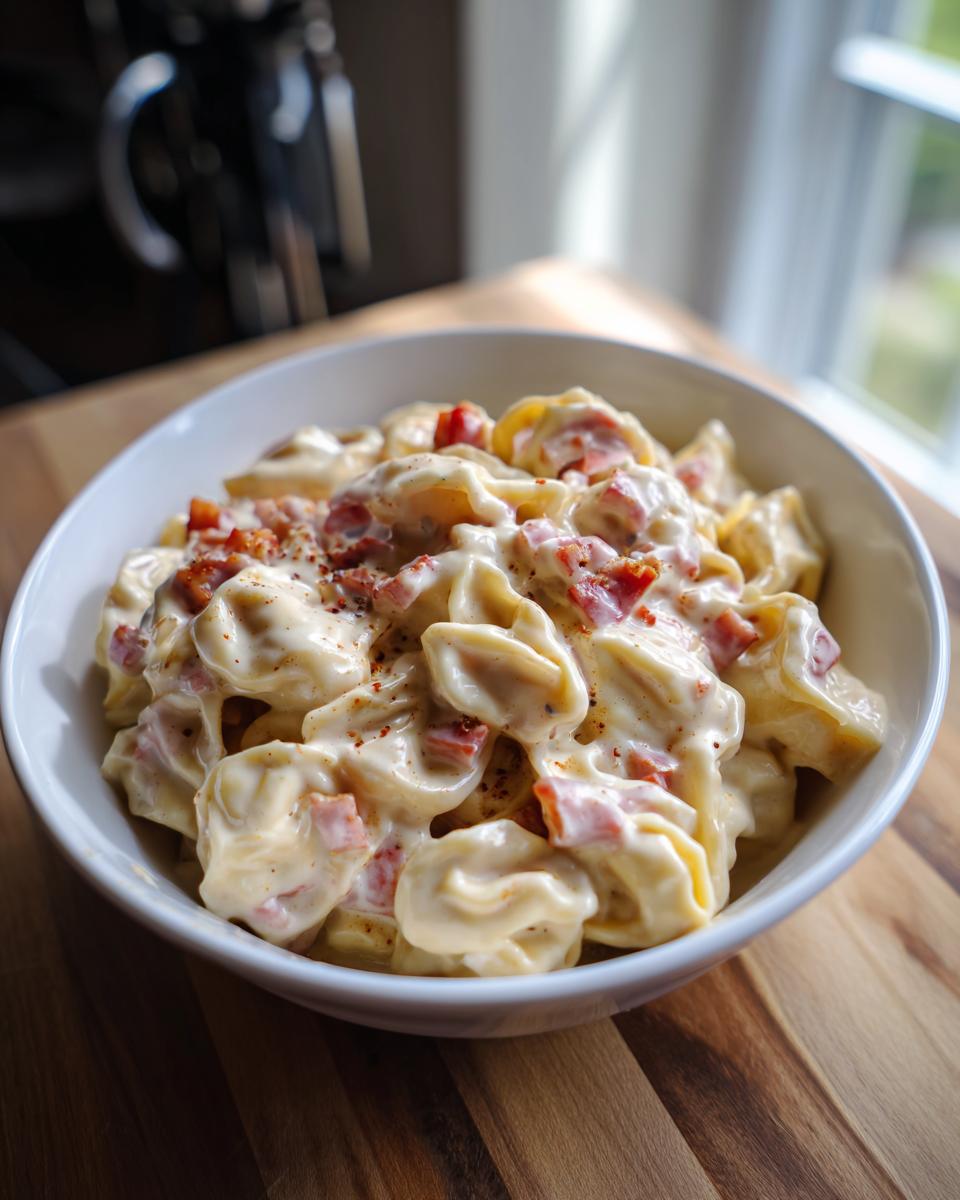 Eine Schüssel voller Tortellini in cremiger Schinken-Käse-Sauce, bestreut mit Paprikapulver.