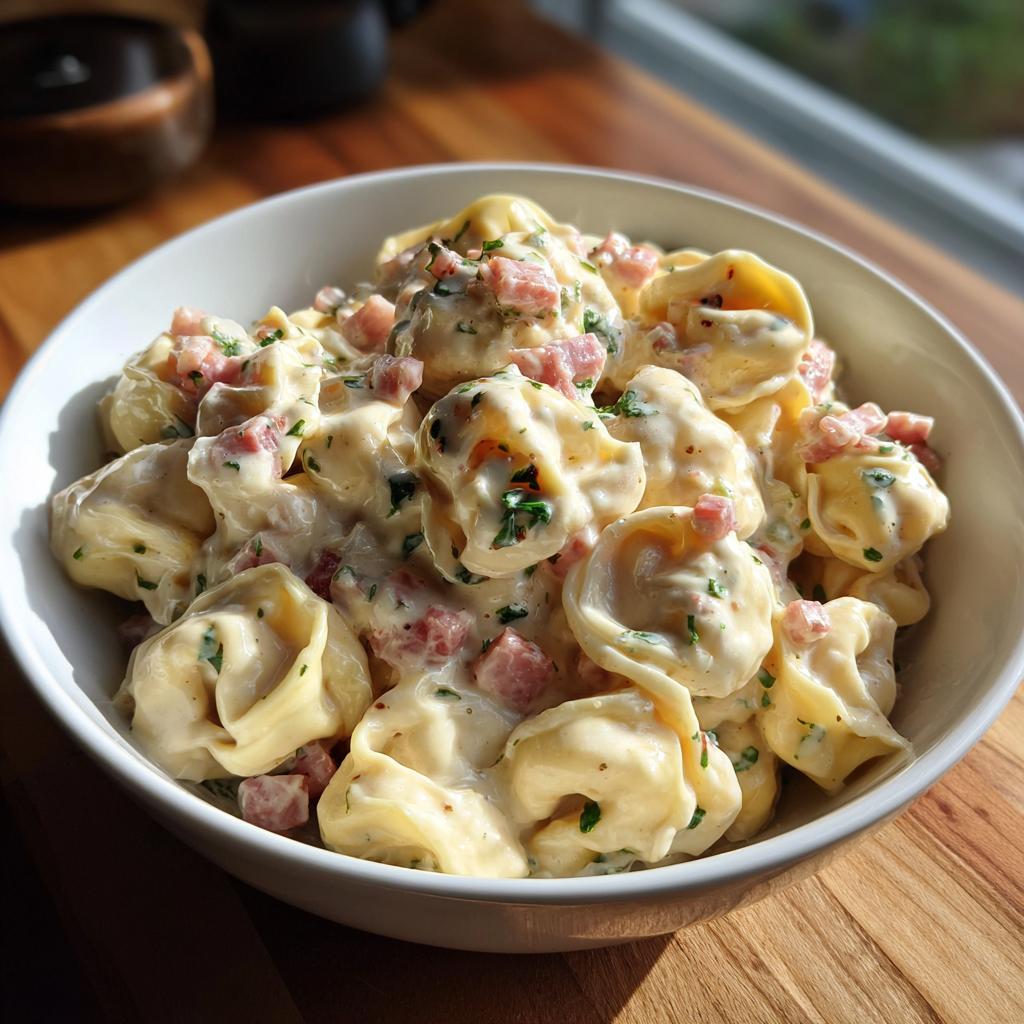 Eine Schüssel mit Tortellini in cremiger Schinken-Käse-Sauce, garniert mit Petersilie.