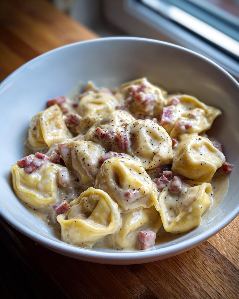 Eine Schüssel mit Tortellini in cremiger Schinken-Käse-Sauce, bestreut mit schwarzem Pfeffer.